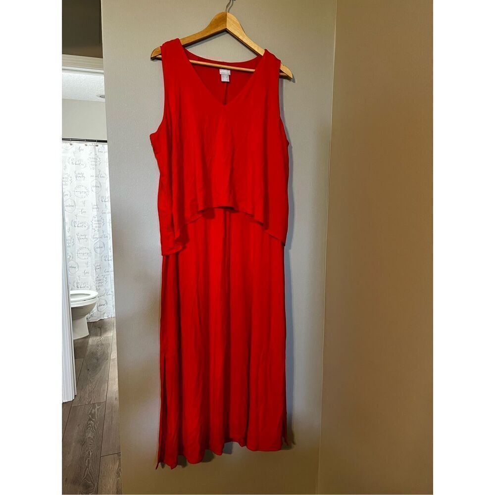 Chicos Women’s Size 3 Popover Solid Maxi Dress Red Sleeveless V Neck Slit - Picture 6 of 12